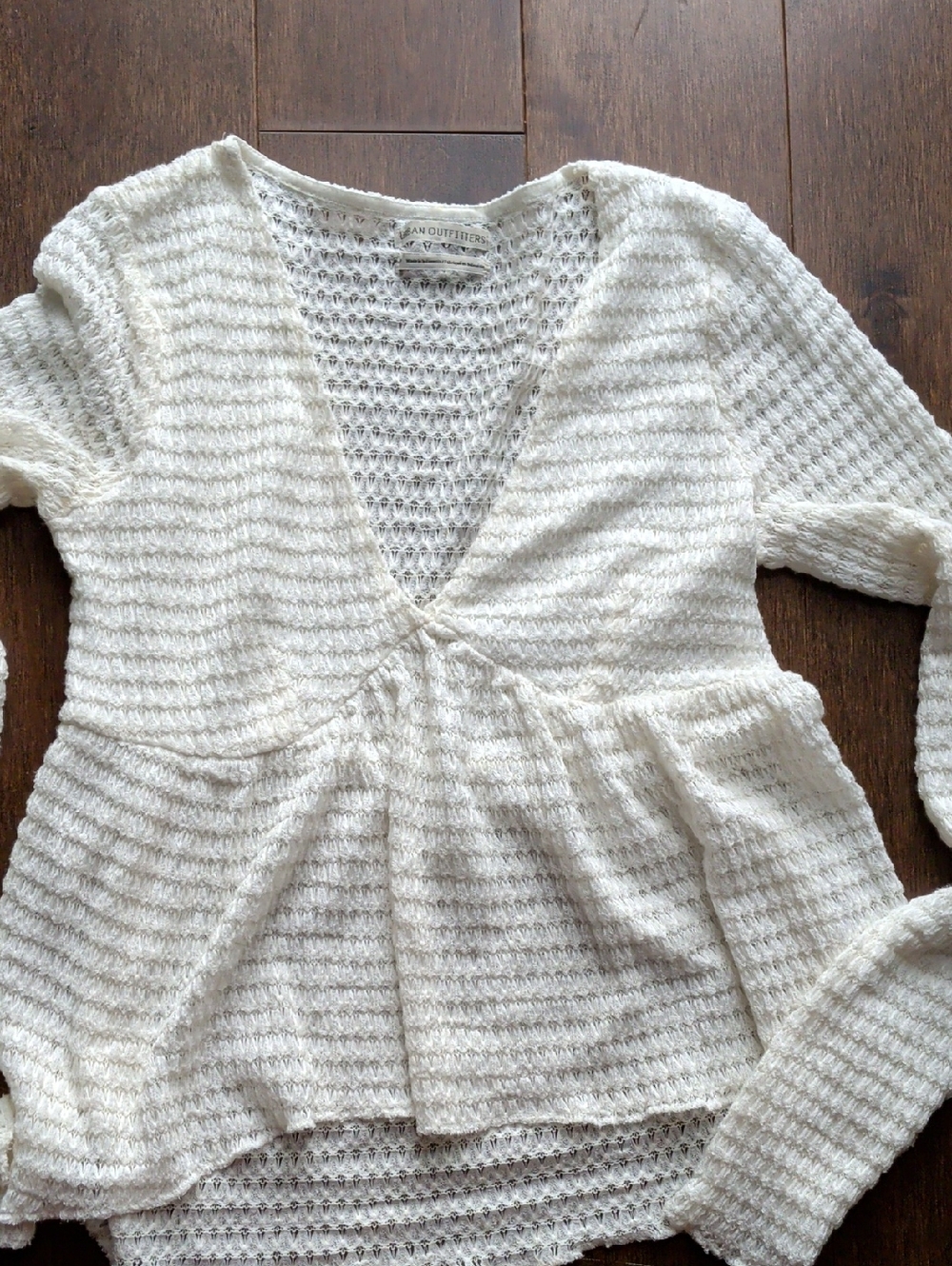 Urban Outfitters Cream Open-Knit V-Neck Peplum‎ Top